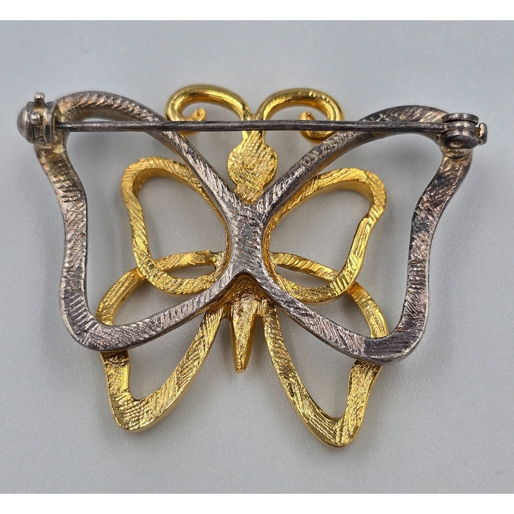 Vintage Two-Tone Butterfly Brooch Gold and Silver Tone Openwork Pin 1.5" - Picture 2 of 6